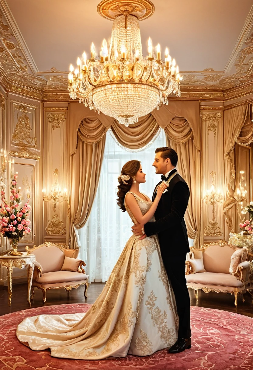 Design an image depicting a romantic gesture in an opulent setting, where a dashing man presents a bouquet of roses to a radiant woman. They stand in a lavishly decorated room adorned with chandeliers, ornate furnishings, and soft candlelight, creating a scene of timeless romance and refined elegance.
