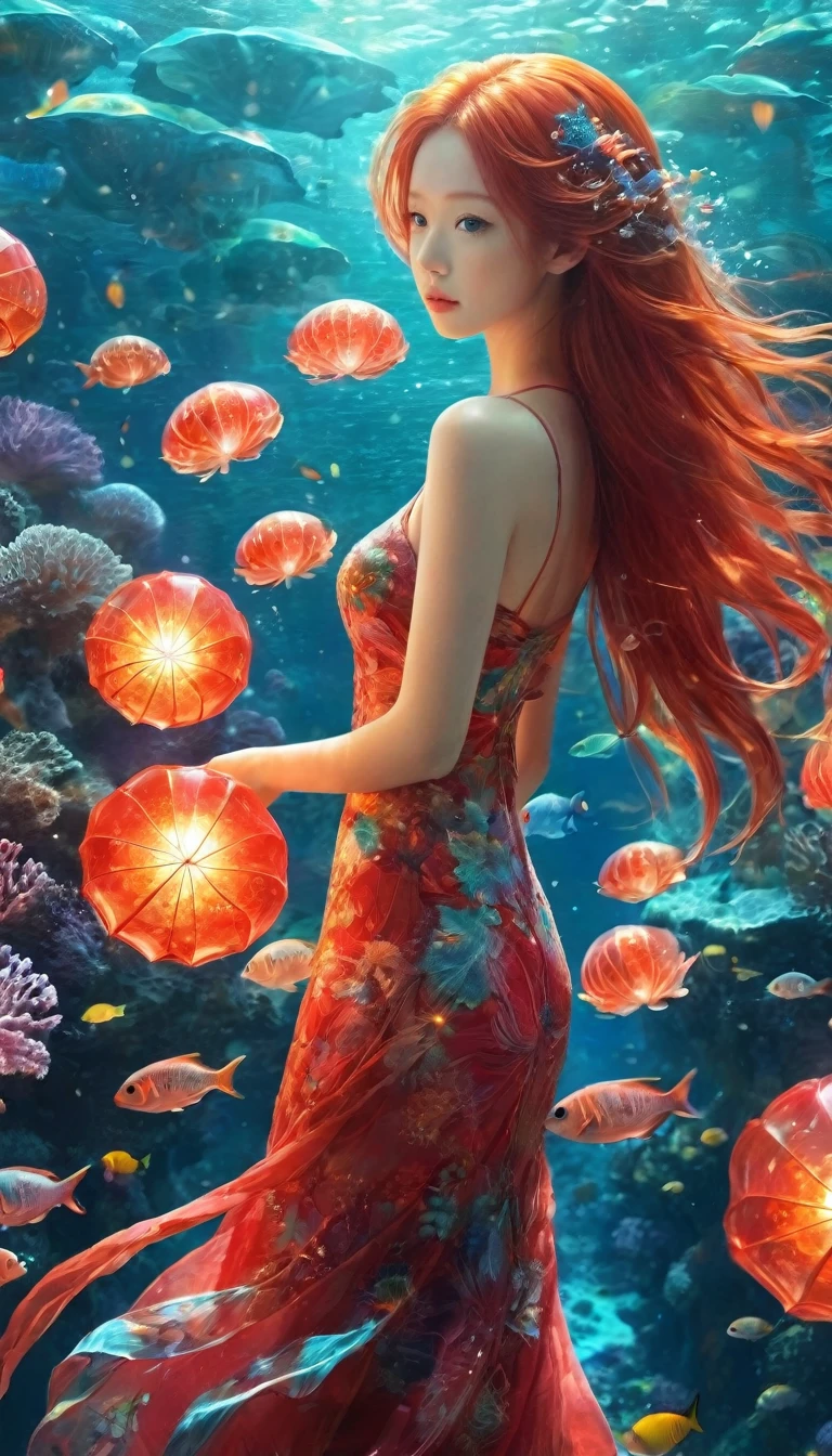 fractal,Shine,きらきらShine, Veera, Extremely small light-emitting quantum dots, Extraterrestrial、Many lanterns, conceptual art of marine life, Underwater scenery, Life at sea,Beautiful coral reefs come in many shapes, 3d,, fish, Female anime fantasy illustration. Long red hair scattered in the sea,Red hair color、drift, Very harmonious. The painting as a whole adopts a messy and imaginative style.. The colors are bright and saturated, With smooth lines. The mystery and beauty of the sea, The painting depicts an underwater world full of life and vitality., Animation Art Wallpaper 8K、Shineサンゴ、Looking out at the world、Rainbow Eyes、Woman facing the front、Staring at the jellyfish in my hand、Look down、Many lanterns, conceptual art of marine life