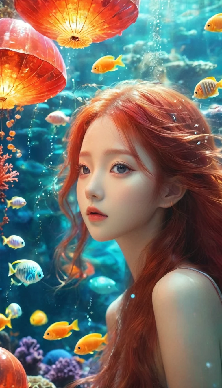 fractal，Shine，きらきらShine, Veera, Extremely small light-emitting quantum dots, Extraterrestrial、Many lanterns, conceptual art of marine life, Underwater scenery, Life at sea，Beautiful coral reefs come in many shapes, 3d，, fish, Female anime fantasy illustration. Long red hair scattered in the sea,Red hair color、drift, Very harmonious. The painting as a whole adopts a messy and imaginative style.. The colors are bright and saturated, With smooth lines. The mystery and beauty of the sea, The painting depicts an underwater world full of life and vitality., Animation Art Wallpaper 8K、Shineサンゴ、Looking out at the world、Rainbow Eyes、Woman facing the front、Staring at the jellyfish in my hand、Look down、Many lanterns, conceptual art of marine life