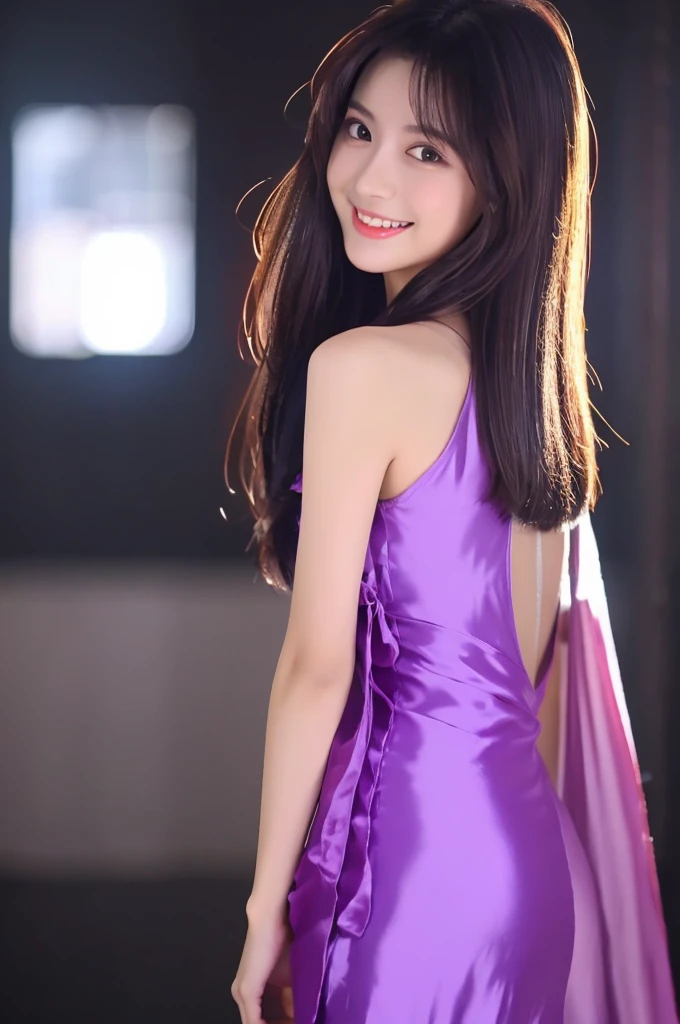 Image resolution 8K、masterpiece:1.3)、Beauty、1 female、(魅力的なBody Type:1.2)、abdomen:1.1、Dark brown hairstyle:1.1、(Body Type:1.2)、Ultra-detailed face、Attractive lips、double eyelid,Wearing a purple silk one-piece dress、Super realistic and super cute in every detail、Japanese、Japanese女性、20th generation(28 years old)、Smile with a beautiful smile、Hair blowing in the wind、color々Hair style、Light shining from behind、Black background、Filmed in the studio、Pose facing forward、