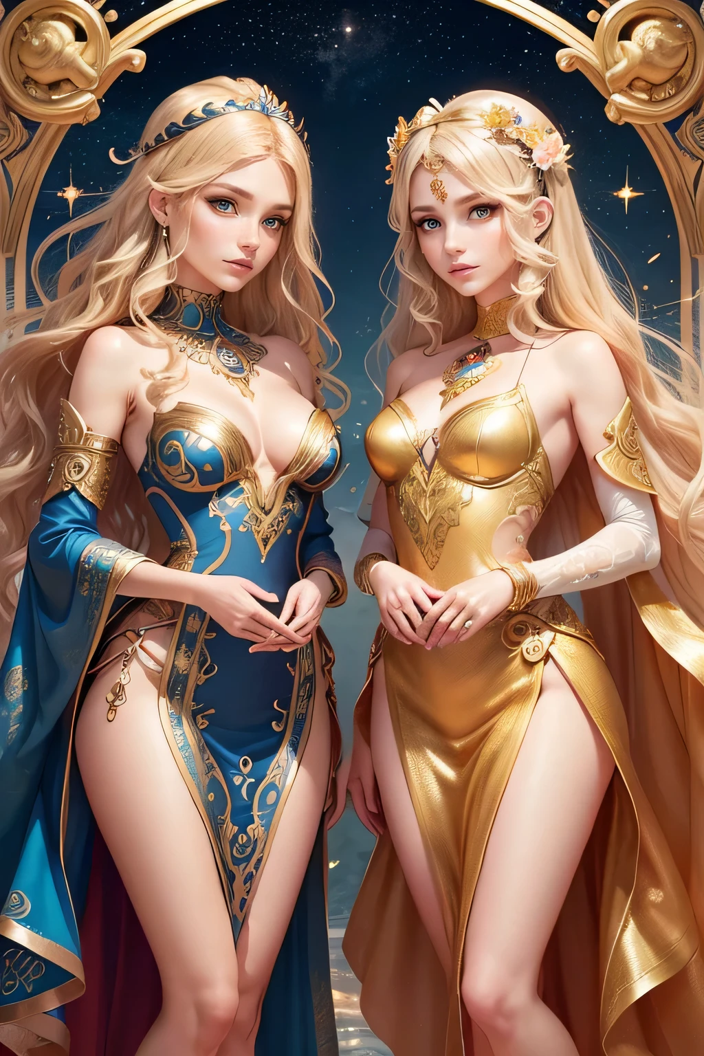 ( high quality , Super detailed, Watch your hands )Zodiac sign - Gemini Goddess , Similar to the goodness of Latin , Twin Goddesses , Curious, Skillful, Humorous, Fascinating, Imaginative faces , Sometimes unrealistic, Restless, Nervous, Careless style , Light brown eyes , Light blonde hair , Transparent Dress , In the windy sea , whole body , Sexy Makeup ,