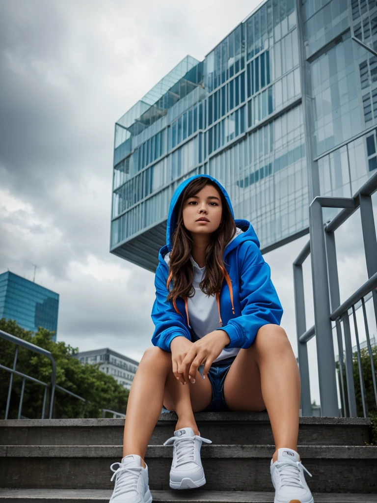 1girl,blue sky,blurry background,building,city,cloud,cloudy sky,day,depth of field,hood,hooded jacket,hoodie,jacket,side,Orange Hoodie,Looking up,Shoes close to the camera,From below,full body,lips,long sleeves,looking at viewer,motion blur,outdoors,parted lips,railing,shoes,shorts,sitting,sky,sneakers,solo,stairs