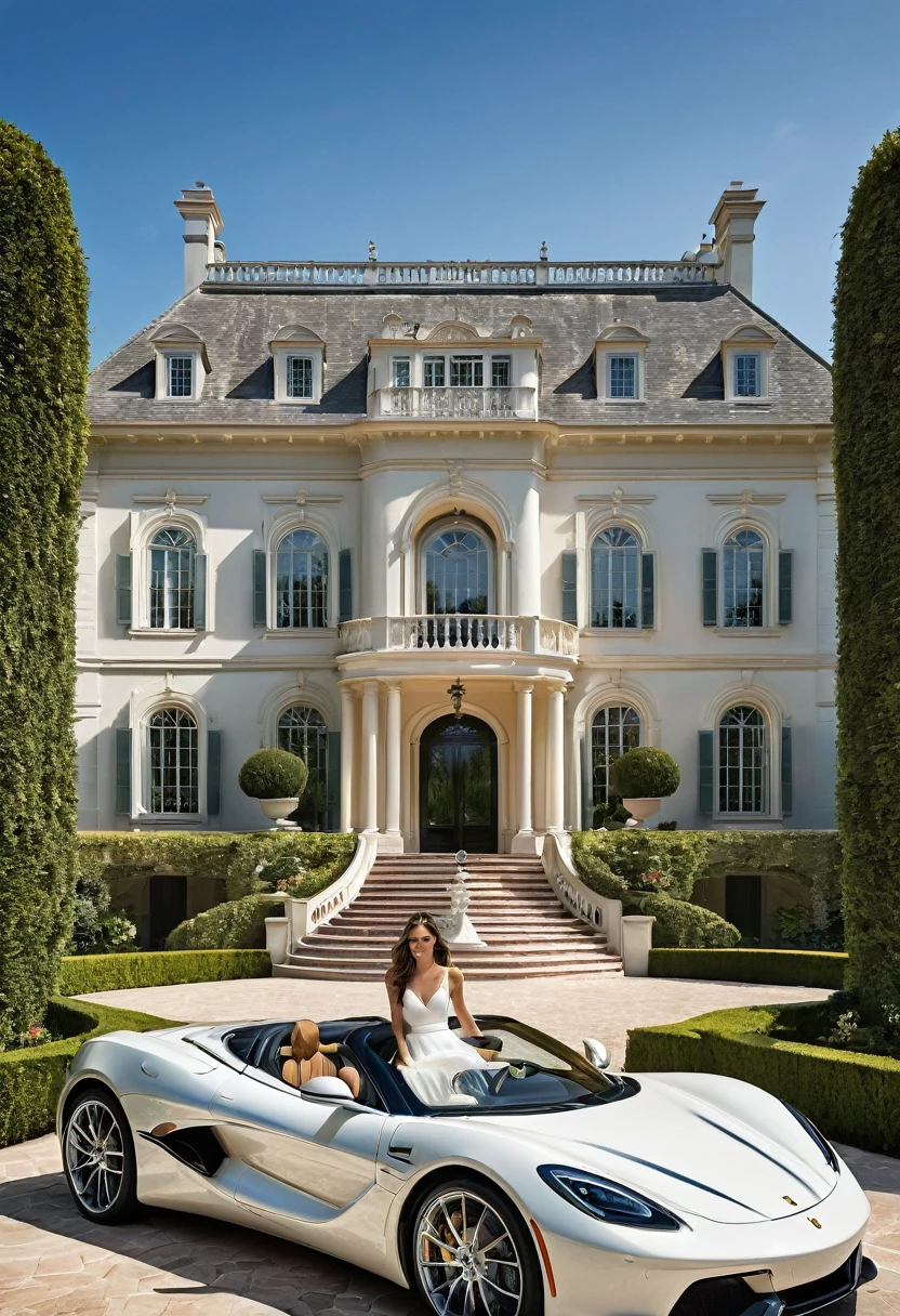 Generate an image of a luxurious estate where a graceful woman is seated on the hood of a sleek sports car in the mansion's expansive driveway. The scene captures the blending of elegance and automotive beauty, set against the backdrop of lush gardens and a palatial mansion.
