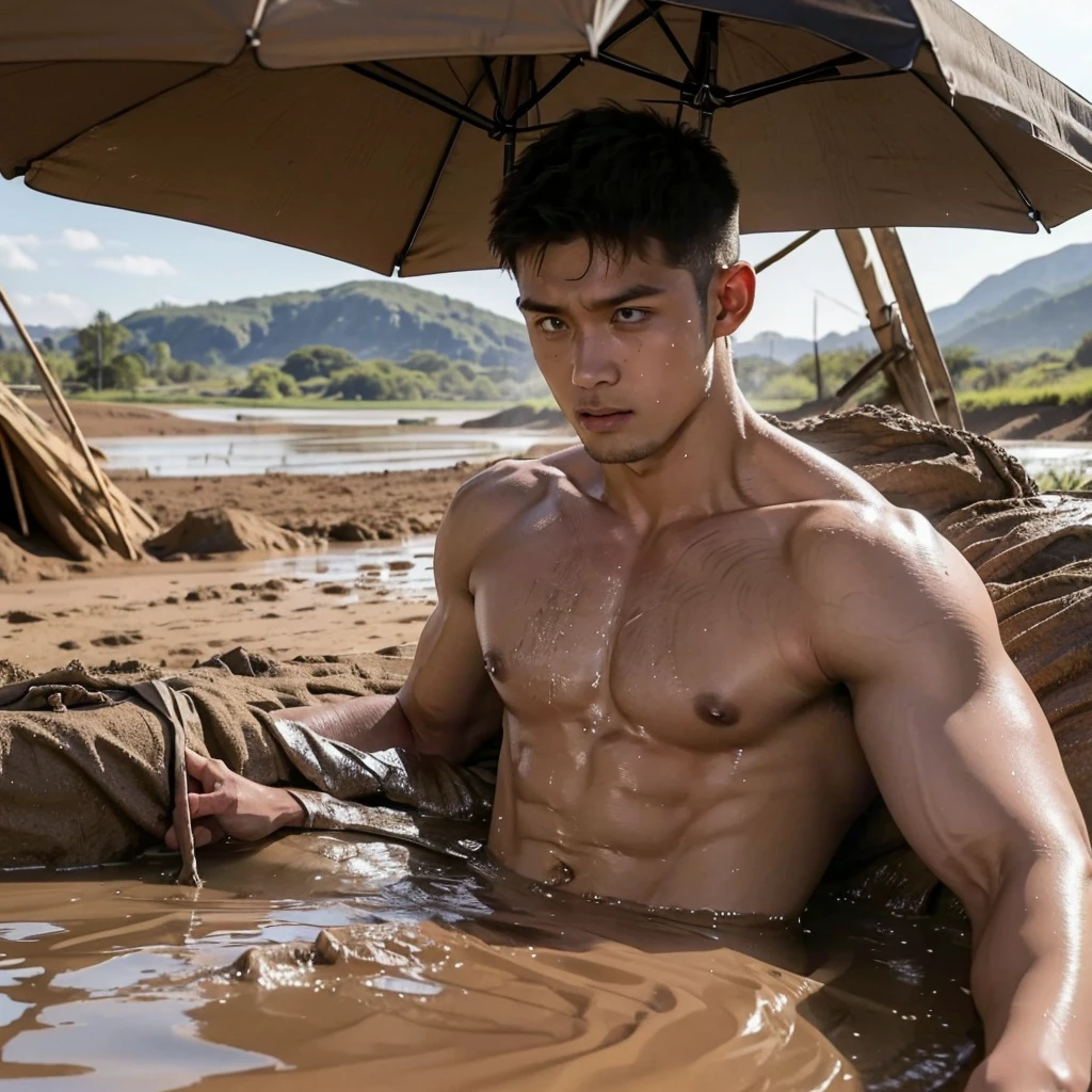 shirtless muscular man, sinks in a mud pit down to his shoulders, mud smudged on his toned chest and face to emphasize context of struggling to get out of the mud pit, determined face expression, 