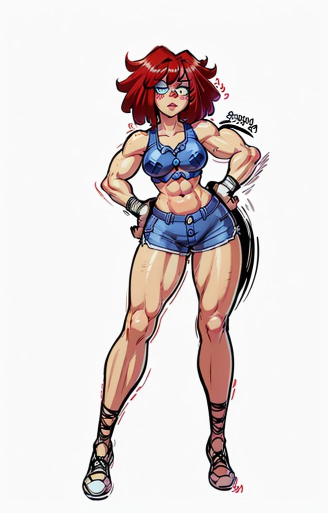 ((My Hero Academia Style)), (Simple background), ((1girl)), (((High resolution)))), ((solo)), (white backgrounid:1.3), (((A strong and confident girl))), ((((Ragatha)))), (((The Amazing Digital Circus))), (((is wearing boxing gloves black and flexing her biceps))), ((((she wears black sports bra and shorts)))), (((the biceps on her arms are flexed))), ((((Her lips are slightly parted)))), ((((wearing boxing gloves black)))), ((((flexing her biceps)))), (((hands on hips))), ((((perfect anatomy)))), ((((perfect hands)))), ((((perfect face)))), ((((super detailed)))), ((((photo of full body:1.5)))), ((((wide thighs)))), ((((toned thighs)))), ((((wide hips)))), ((((toned hips)))), ((((toned calves)))), ((((Marked muscles)))), ((((toned body)))), ((((Abs)))), ((((marked abdomen)))), ((((exposed abdomen)))), ((((Bare legs)))), ((((ragdoll skin)))), ((((ragdoll seams)))), ((((ragdoll body)))), ((((redhead curls))), (((curls))), (((redhead))), (((blue button right patch))), (((right button patch))), (((blue right patch))), ((((blue button patch))), (((patch))), ((blue button)), (((sexy posture))), (((medium breasts))), (((broad shoulders))), (((Amazon body))),