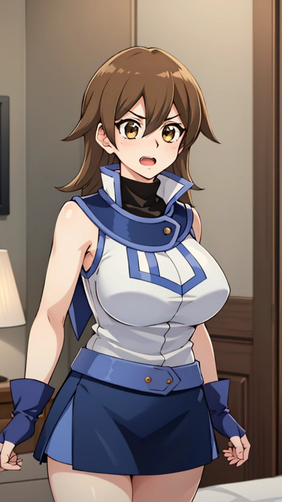 masterpiece, best quality, highres,1girl, solo, ta1, white jacket, sleeveless, blue skirt, fingerless gloves,  makurada junko, turtleneck, white vest, sleeveless, high collar, belt, blue miniskirt, huge breasts, arrogant, open mouth, cowboy shot, indoors, bedroom