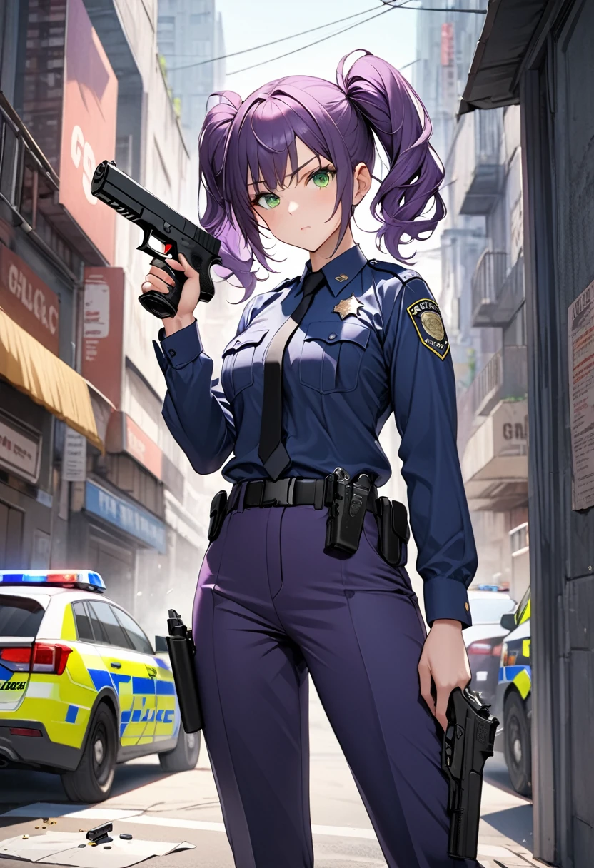 ((masterpiece)), ((Highest quality)), ((High resolution)), One girl, alone, Police Officer, (Matching pants, slacks), Urban Background, (Holding a pistol、Aim, Detailed pistol, Glock 22, Breaking the rules), Are standing, Medium Hair, (Purple Hair, Twin tails), (Green Eyes),