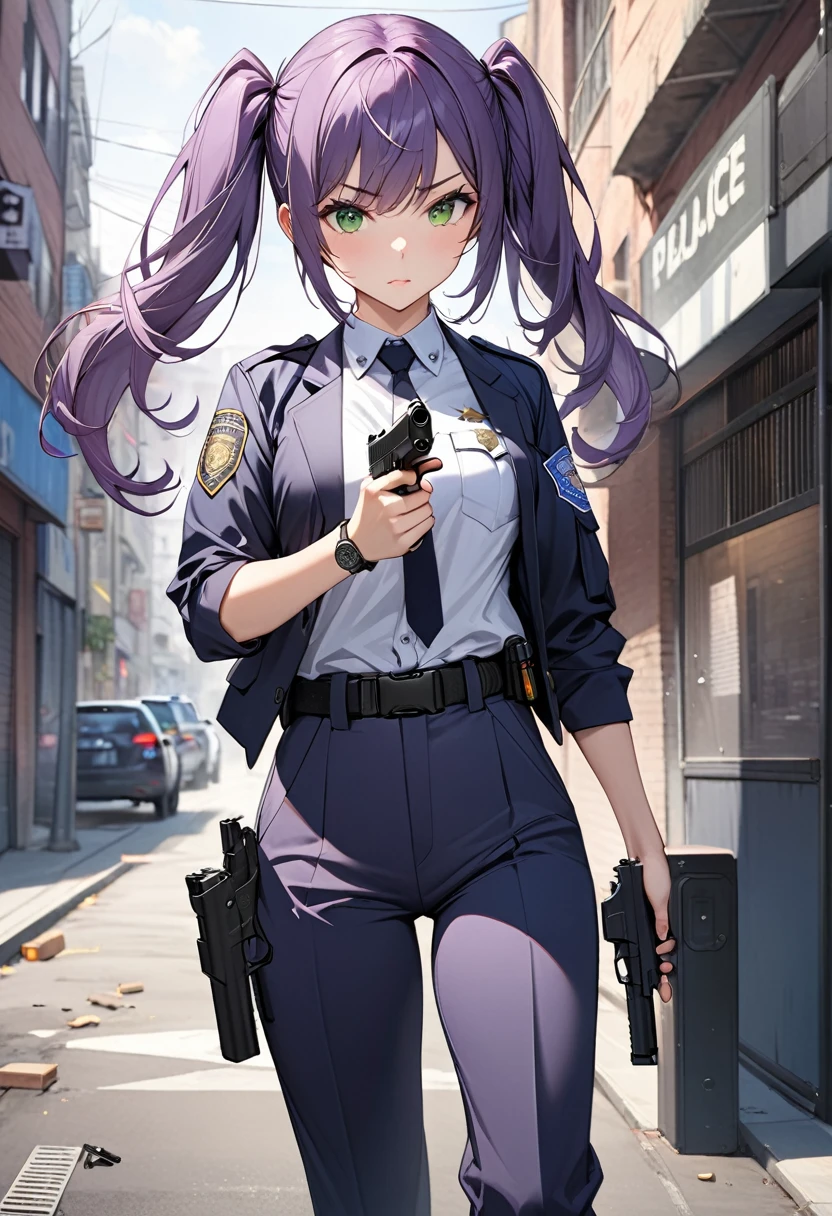 ((masterpiece)), ((Highest quality)), ((High resolution)), One girl, alone, Police Officer, (Matching pants, slacks), Urban Background, (Holding a pistol、Aim, Detailed pistol, Glock 22, Breaking the rules), Are standing, Medium Hair, (Purple Hair, Twin tails), (Green Eyes),