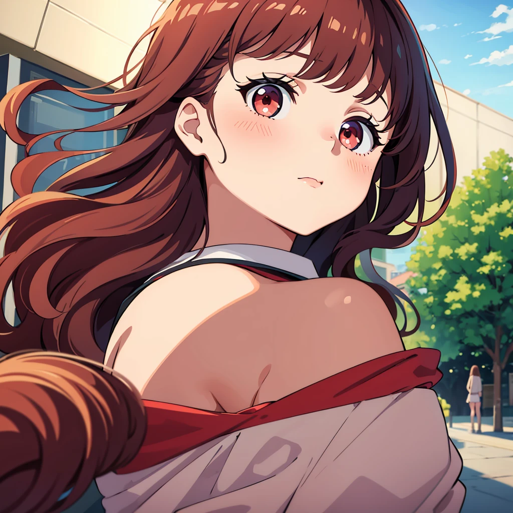 8k, masterpiece, best quality, 1 girl, college age, medium breasts , bangs, soft wavy hair , looking down, look back, red cheek, blush