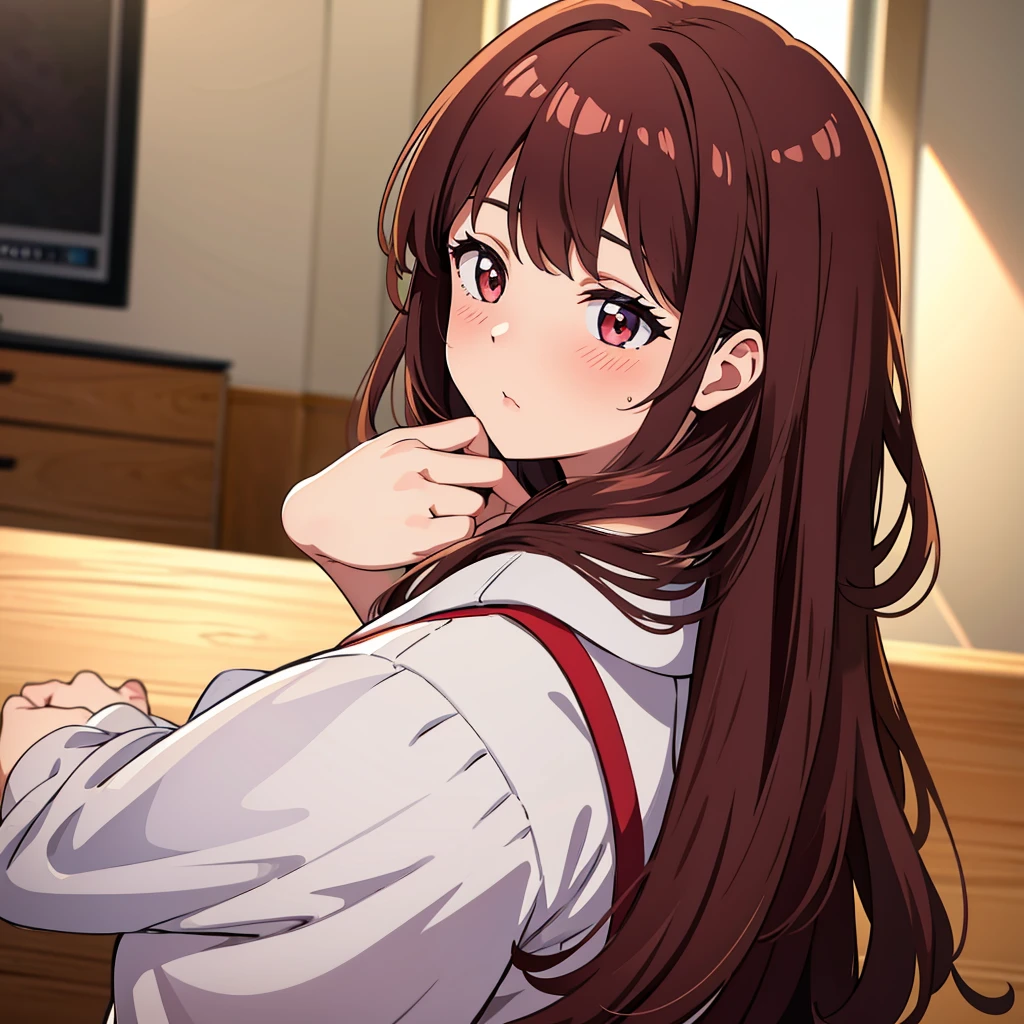 8k, masterpiece, best quality, 1 girl, college age, medium breasts , bangs, soft wavy hair , looking down, look back, red cheek, blush