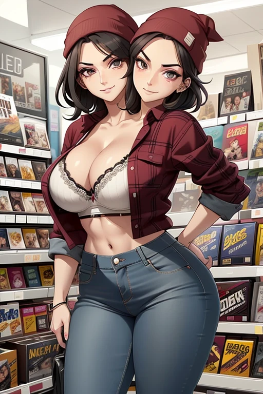 2heads, tall skinny woman with 2 heads. At a comic store. Short messy maroon hair. Wearing a beanie. Wearing unbuttoned open plaid flannel shirt, bra underneath. Wearing jeans. Mature, womanly. Thick thighs, wide hips. Wearing eyeliner, baggy tired eyes. Many tattoos and piercings. Smirking, happy. 