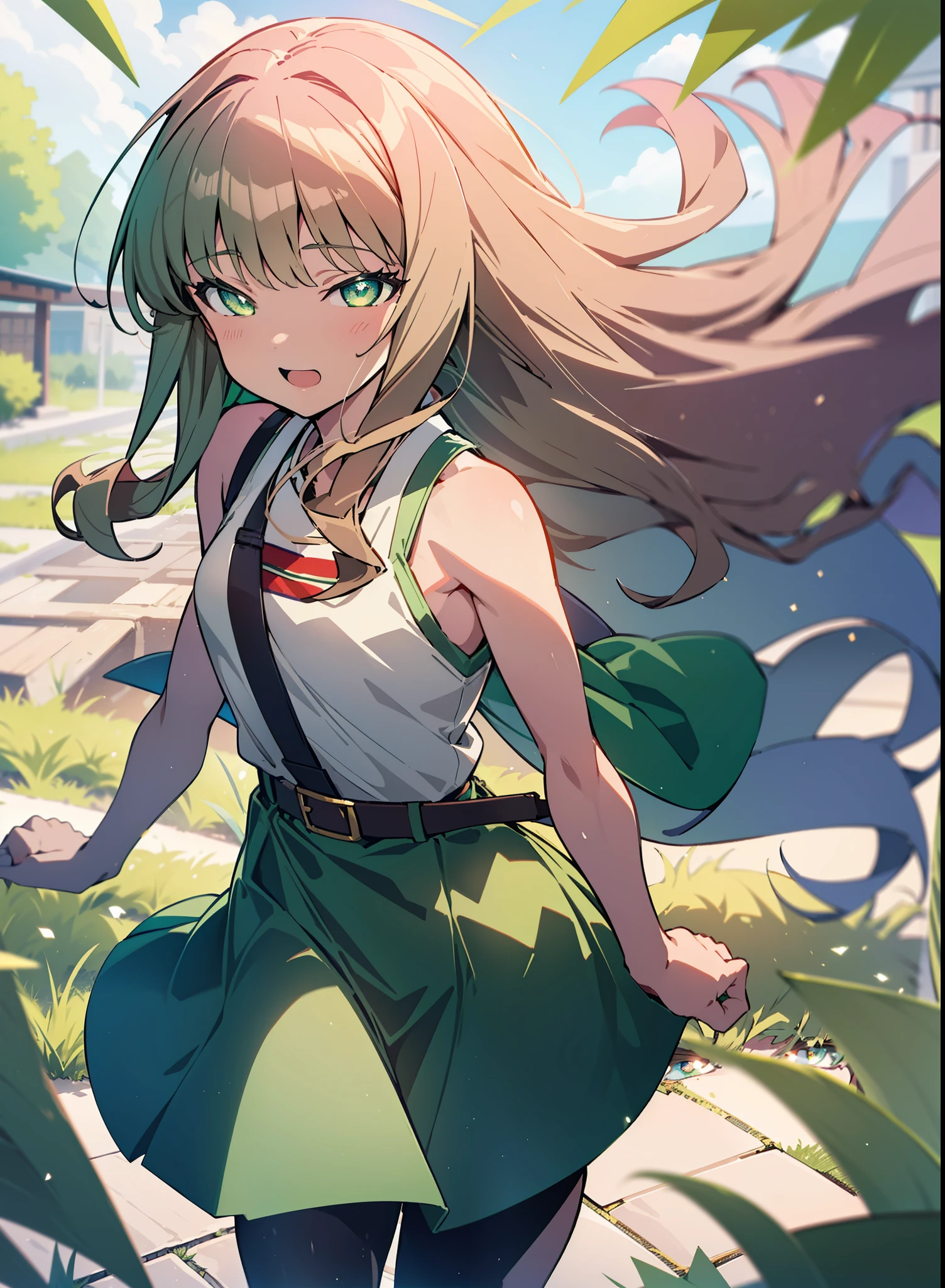 minami yume ,sss Dynazenon ,Long Hair, Brown Hair, (Green Eyes:1.5) ,Center of chest,hair band,ponytail,happy smile, smile, Open your mouth, Blue sleeveless dress,Long skirt,short boots,whole bodyがイラストに入るように,Daytime,Clear skies,Walking,
break looking at viewer, whole body,(Cowboy Shot:1. 5)
break outdoors, Residential Street,
break (masterpiece:1.2), Highest quality, High resolution, unity 8k wallpaper, (shape:0.8), (Beautiful and beautiful eyes:1.6), Highly detailed face, Perfect lighting, Highly detailed CG, (Perfect hands, Perfect Anatomy),
