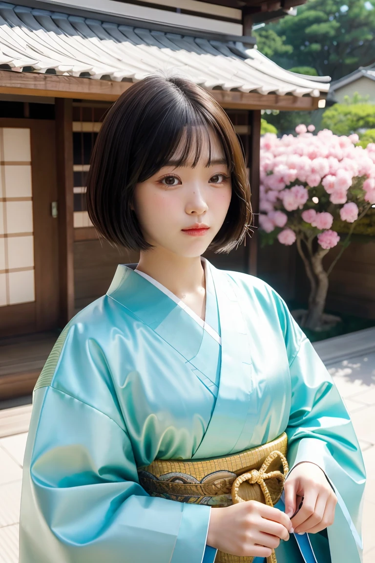 Top Quality, Masterpiece, High Definition, 1girl, Beautiful and Perfect Face, Bob Cut, Japanese Clothing,Kimono, Intricate Details, Cinematic Feel, 8K, Very Detailed  