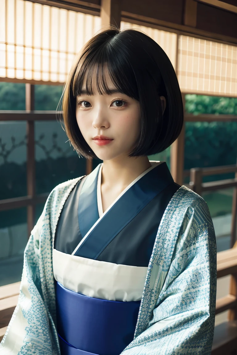 Top Quality, Masterpiece, High Definition, 1girl, Beautiful and Perfect Face, Bob Cut, Japanese Clothing,Kimono, Intricate Details, Cinematic Feel, 8K, Very Detailed  