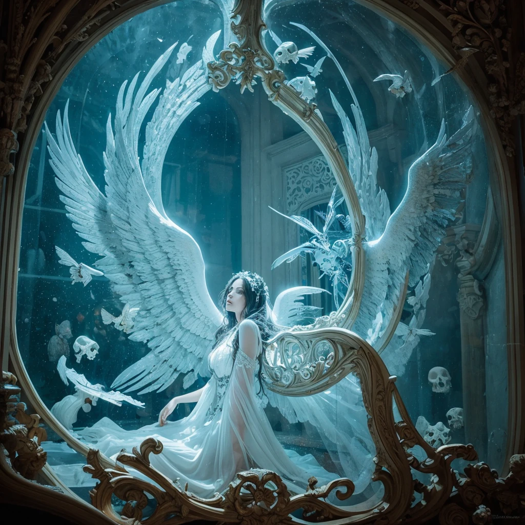 a woman with mystical looking wings, wearing a flowing and transparent dress, this woman sat on the edge of a window frame decorated with intricate carvings and two statues of angels, below the window, there was a pile of skulls and bones, adding a chilling contrast to the cool and cool atmosphere celestial above, the juxtaposition of these elements depicts the theme of life and death, or perhaps the transient nature of beauty and existence