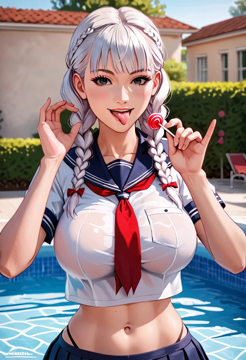 Anime style, source_anime, ((Large round )), (1 Girl), ((white hair: 5.2, hair with two side braids)))), black eyes, double eyelids, light effect in the eyes, wide ,  smile, ((hourglass hot perfect  body)), solo, best quality, masterpiece, portrait,  with viewer, sensual pose, detailed, perfect , detailed art, high definition, 4k , high resolution, in pool, ((school  uniform)), (Anime style, source_anime, ((Large round )), (1 Girl), ((white hair: 5.2, hair with two side braids)))), black eyes, double eyelids, light effect in the eyes, wide ,  smile, ((hourglass hot perfect  body)), solo, best quality, masterpiece, portrait,  with viewer, sensual pose, detailed, perfect , detailed art, high definition, 4k , high resolution, in pool, (( school  uniform)), (licking a lollipop), 