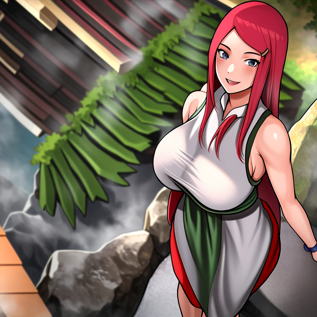 uzumaki_kushina, large_breasts, standing, solo, kushina_green_dress, masterpiece, best quality, detailed face, detailed eyes, highres, smile, happy, cherry blossom trees, onsen, realistic giant breast, point of view,