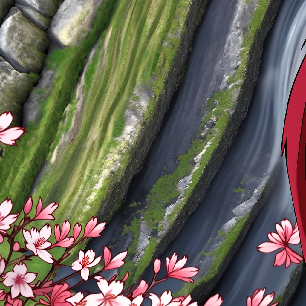 uzumaki_kushina, large_breasts, standing, solo, kushina_green_dress, masterpiece, best quality, detailed face, detailed eyes, highres, smile, happy, cherry blossom trees, onsen, realistic giant breast, point of view,