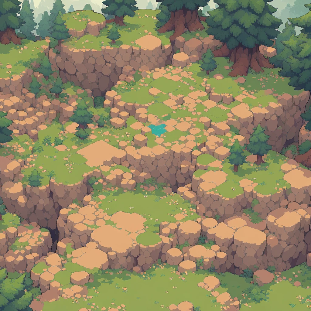 retro video game style,pixelated, vibrant pastel colors,8-bit characters,blocky shapes,sharp lines,detailed shading,classic gaming vibe,nostalgic atmosphere,classic arcade games,masterpiece:1.2,ultra-detailed,illustration style, 2d texture, stone texture, 4 k seamless mud texture, video game texture, dirt texture, tileset, game tiles, grass, 3/4th perspective trees, 3/4th perspective tileable rock texture, 3/4th perspective tileable cliff formations, tileable trees, topdown view, game texture, game art, tileable texture, very detailed cliff texture, intricate stones, top down view, 3/4th perspective