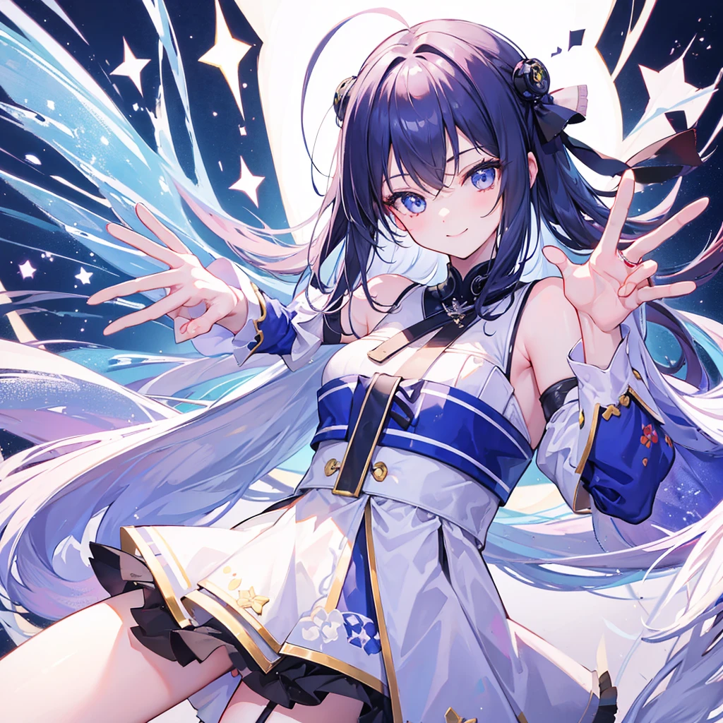 1girl、V sign next to head、Simple Background、smile、Focus on face and hands、The best composition、