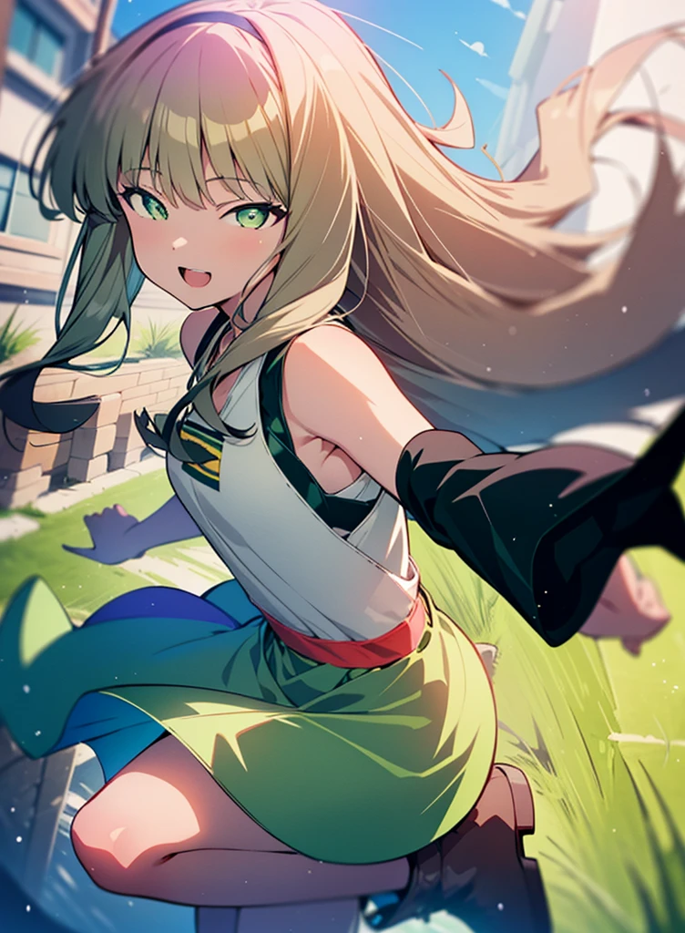 minami yume ,sss Dynazenon ,Long Hair, Brown Hair, (Green Eyes:1.5) ,Center of chest,hair band,ponytail,happy smile, smile, Open your mouth, Blue sleeveless dress,Long skirt,short boots,whole bodyがイラストに入るように,Daytime,Clear skies,Walking,
break looking at viewer, whole body,
break outdoors, Residential Street,
break (masterpiece:1.2), Highest quality, High resolution, unity 8k wallpaper, (shape:0.8), (Beautiful and beautiful eyes:1.6), Highly detailed face, Perfect lighting, Highly detailed CG, (Perfect hands, Perfect Anatomy),