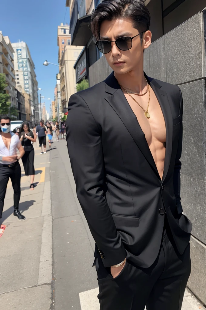 Male, muscular, sunglasses, ash hair, two-block haircut, black suit, gold necklace, black shirt, tanned skin