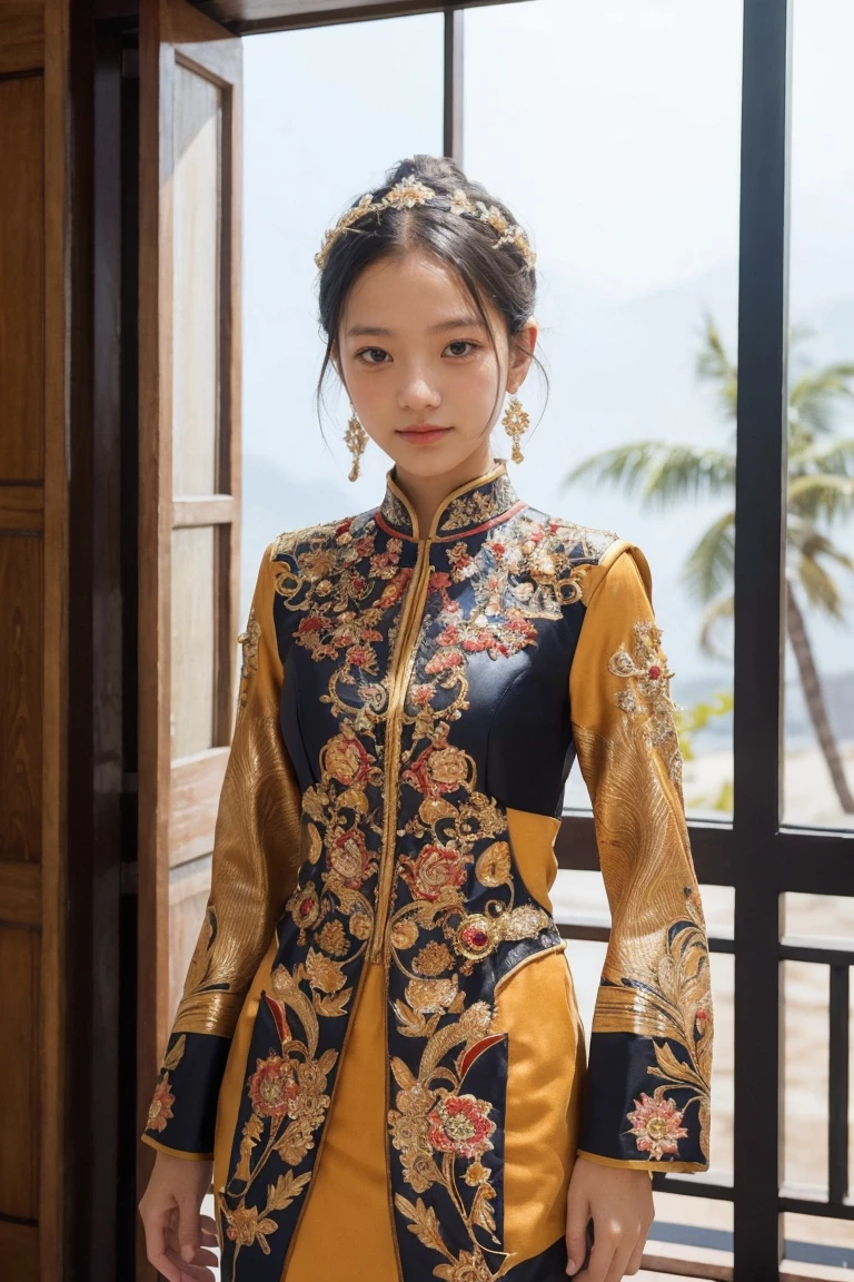 An Indonesian-styled futuristic suit worn by a girl depicting cultural fusion and modern fashion. The suit is adorned with intricate patterns and vibrant colors, showcasing the rich heritage of Indonesia. The girl stands confidently in a dynamic pose, with her detailed eyes reflecting determination and curiosity. The suit's material is a combination of traditional textiles and futuristic synthetic fabrics, giving it a unique and avant-garde appearance. The overall image quality is of the highest standard, with sharp focus and ultra-detailed rendering. The artwork employs physically-based rendering techniques, resulting in realistic lighting and shadows. The colors are vivid and vibrant, capturing the essence of Indonesian cultural aesthetics. The background features a fusion of modern architecture and traditional elements, creating a harmonious blend of the past and the future. The prompt explores the intersection of Indonesian culture, futuristic design, and the artistic representation of a confident girl.