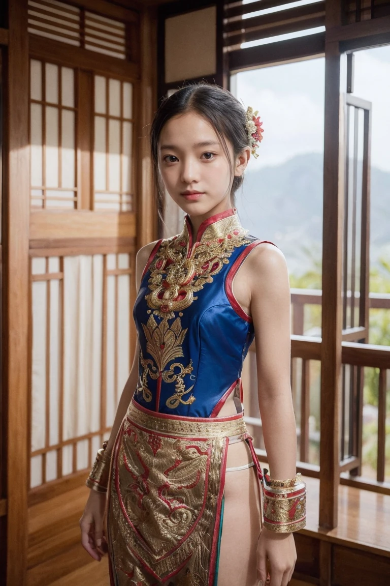 An Indonesian-styled futuristic suit worn by a girl depicting cultural fusion and modern fashion. The suit is adorned with intricate patterns and vibrant colors, showcasing the rich heritage of Indonesia. The girl stands confidently in a dynamic pose, with her detailed eyes reflecting determination and curiosity. The suit's material is a combination of traditional textiles and futuristic synthetic fabrics, giving it a unique and avant-garde appearance. The overall image quality is of the highest standard, with sharp focus and ultra-detailed rendering. The artwork employs physically-based rendering techniques, resulting in realistic lighting and shadows. The colors are vivid and vibrant, capturing the essence of Indonesian cultural aesthetics. The background features a fusion of modern architecture and traditional elements, creating a harmonious blend of the past and the future. The prompt explores the intersection of Indonesian culture, futuristic design, and the artistic representation of a confident girl.