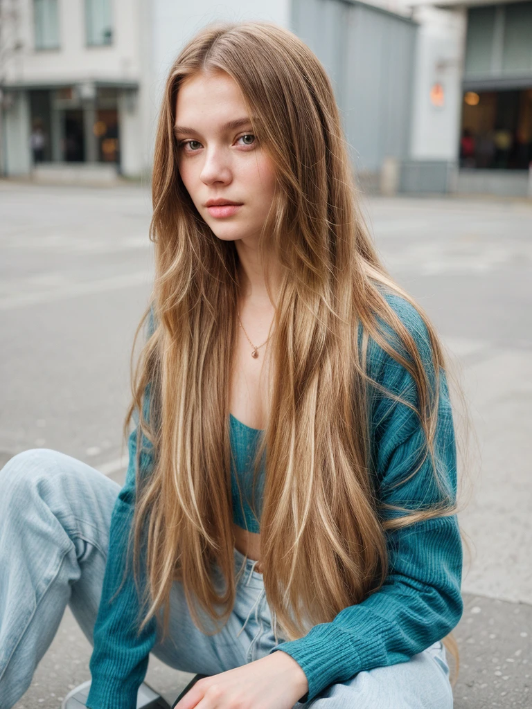arafed woman sitting on the floor with a skateboard in her hand, with long hair, girl with super long hair, long hair, girl with long hair, long dark blonde hair, long hair girl, Aleksandra Waliszewska, Anna Nikonova aka Newmilky, extremely long hair, Anastasia Ovchinnikova, young with long hair