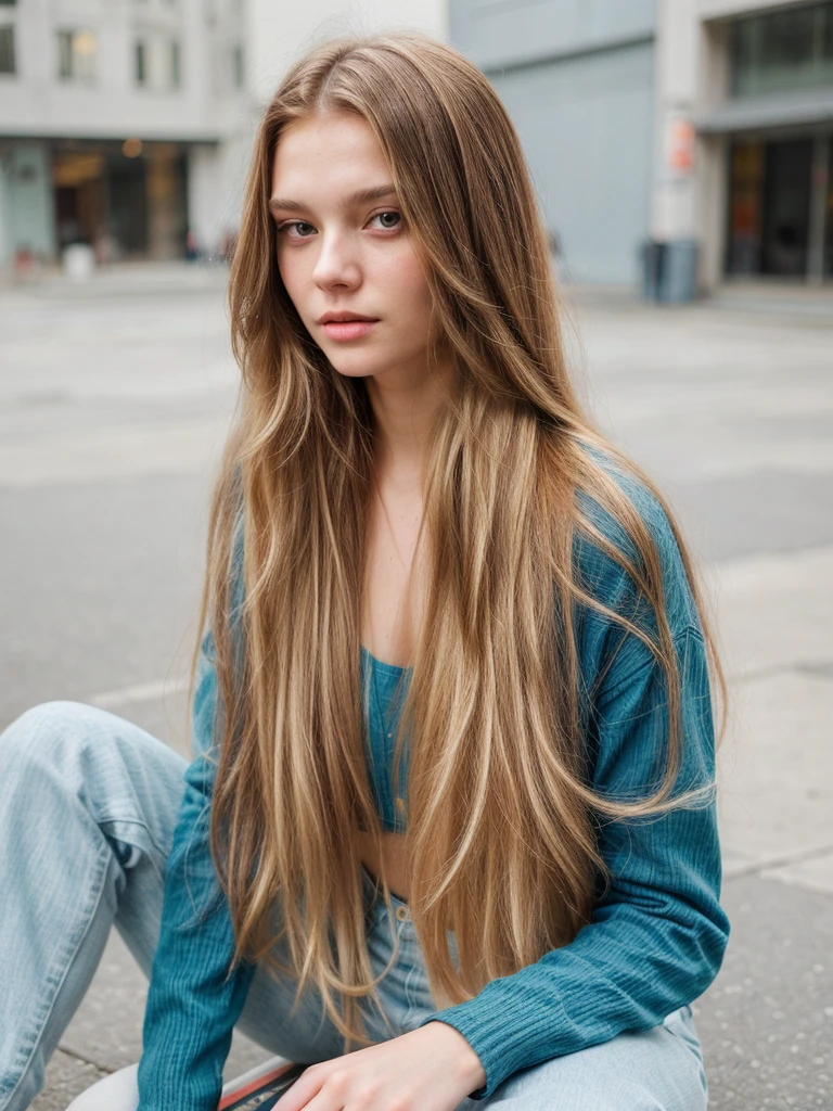 arafed woman sitting on the floor with a skateboard in her hand, with long hair, girl with super long hair, sexy long hair, girl with long hair, long dark blonde hair, long hair girl, Aleksandra Waliszewska, Anna Nikonova aka Newmilky, extremely long hair, Anastasia Ovchinnikova, young with long hair