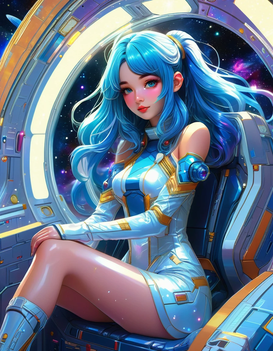 a beautiful photorealistic kawaii animie girl with long blue hair sitting inside a spaceship room, her skin sparkling and glittering. She is in a space dress with a full body portrait in a detailed anime style. It is a fantasy art piece with a galaxy background featuring a space nebula and colorful lights in the dark colors of an anime style