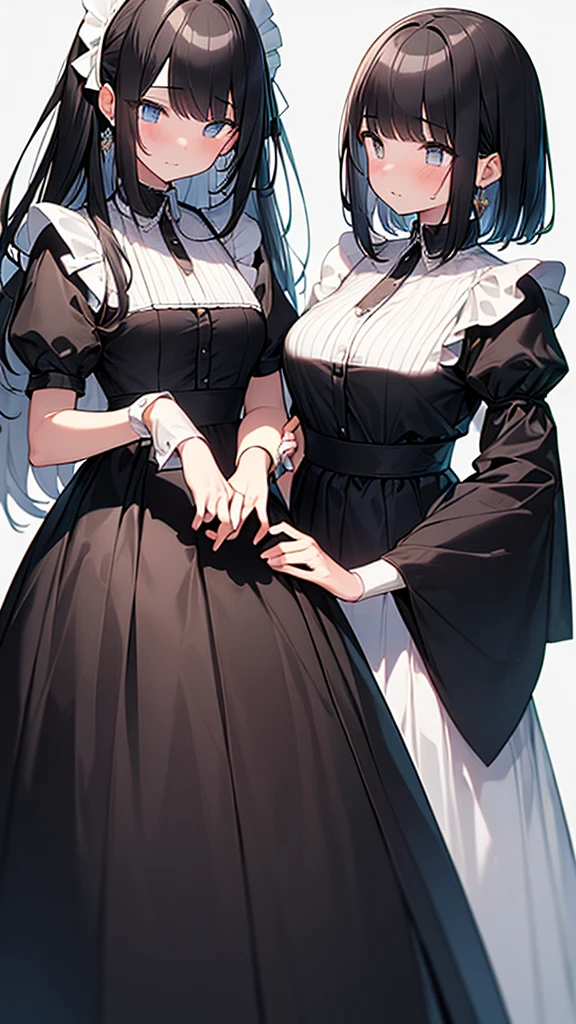 ((masterpiece)), (Highest quality、32k), (Simple style), (Faceless,Face peeling), 2 Girls, A faceless young lady and her maid with a young lady's face, Big Breasts, Big Swing Chest, Wearing a face stolen from someone else, Sexy body, Sleeveless, No sleeve, Off the shoulder, Black Dress, Pleated lace, Lace dress, black knee socks. Standing, whole body, both hands touch the face, Luxurious Room, {{A young lady who used her face-peeling ability to peel off the face of a young lady, leaving her face blank, and a maid who transplanted the peeled face onto her own face.}}, Browsing Caution, NSFW