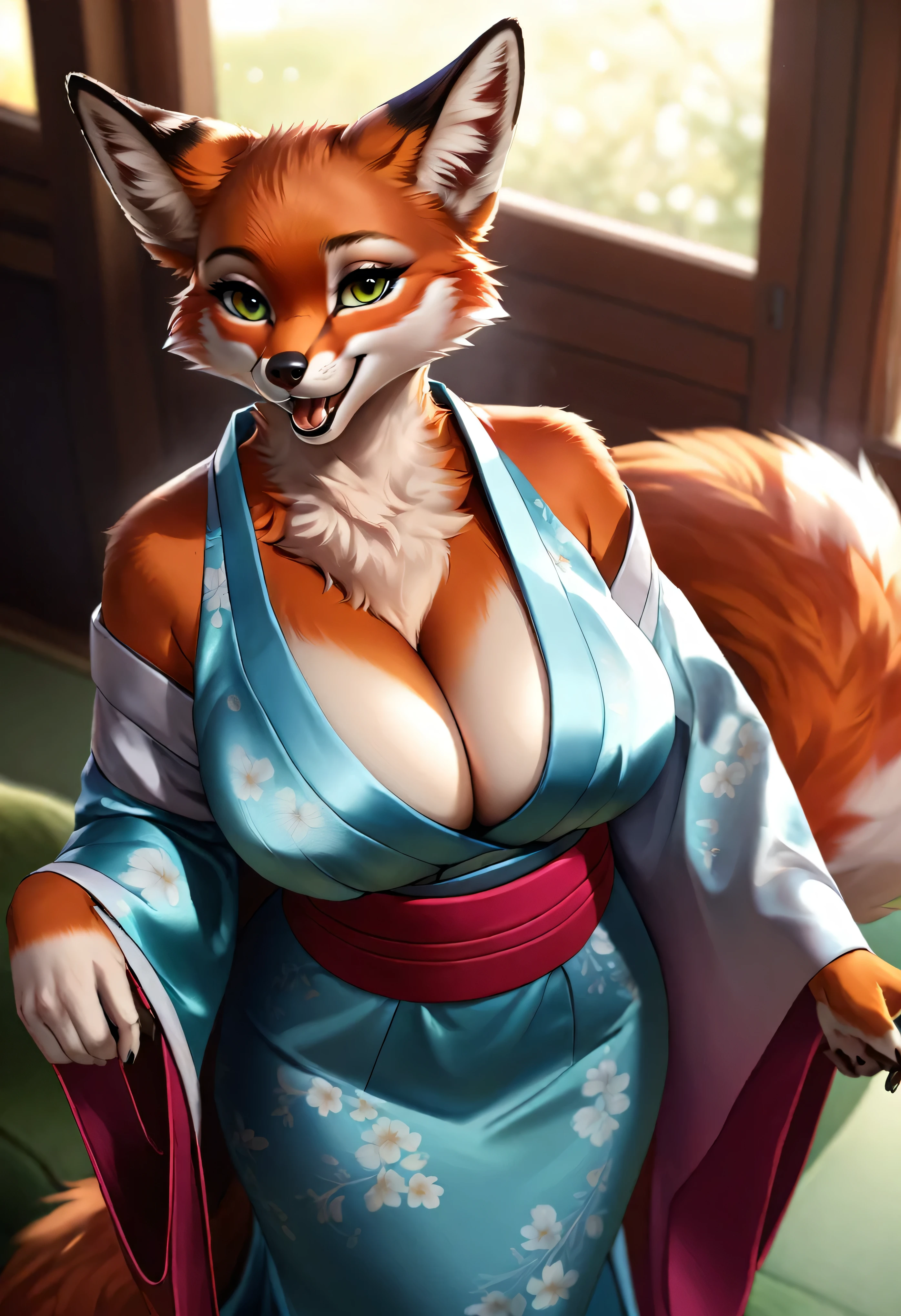 4k highly detailed realistic digital extremely high quality drawing, masterpiece, (by cutesexyrobutts), (uploaded on e621), (a three-quarters portrait of a female anthro fox), (kimono, open mouth, submissive), (looking up at viewer, high angle POV), (beautiful and detailed eyes: 1.1), detailed fur, seductive, sexy, voluptuous, curvy body, cleavage, cinematic lighting, (f1.8 short focus bokeh)