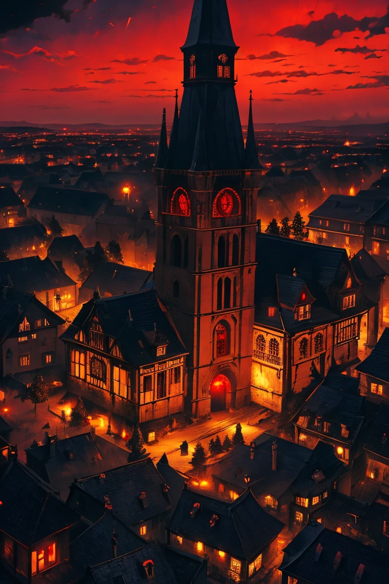 old European village shot with bird view, (Red glowing eyes), masterpiece, Depth of written boundary, Lutz, Gwaites style artwork, Gothic aesthetics, Dark Vampire village, ((in the dark gothic style cathle:1)), ((dark mid-night time:1.5)),