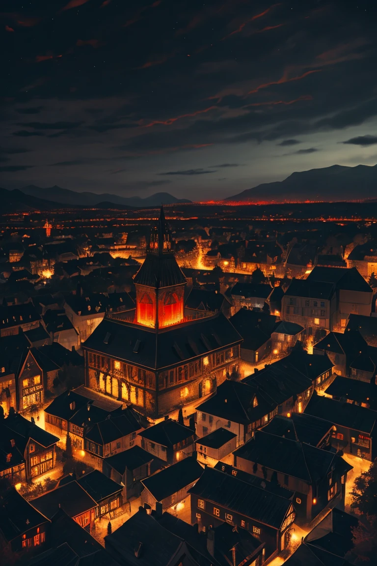 old European village shot with bird view, (Red glowing eyes), masterpiece, Depth of written boundary, Lutz, Gwaites style artwork, Gothic aesthetics, Dark Vampire village, ((in the dark gothic style cathle:1)), ((dark mid-night time:1.5)),