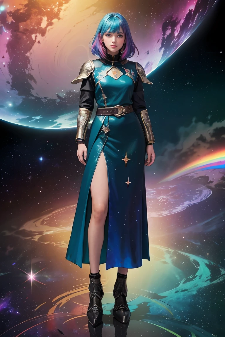 a girl with rainbow colored hair and detailed teal dress armor, standing, rainbow colored cosmic nebula background, stars, galaxies, intricate details, perfect face