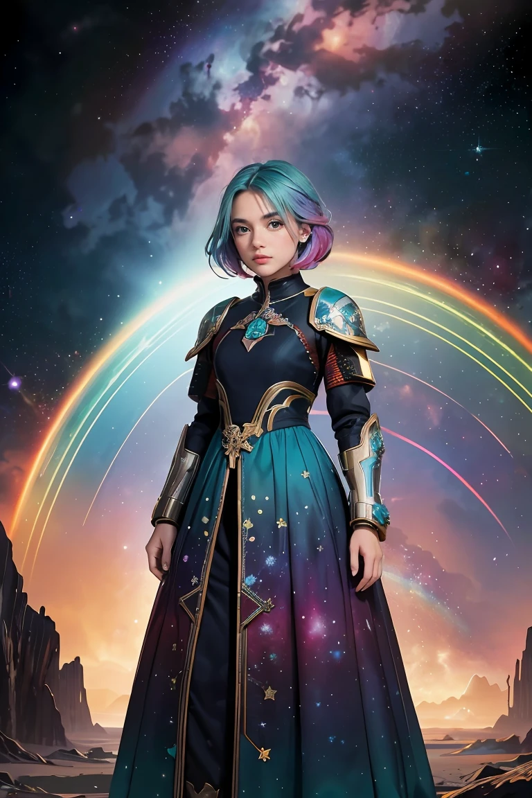 a girl with rainbow colored hair and detailed teal dress armor, standing, rainbow colored cosmic nebula background, stars, galaxies, intricate details, perfect face