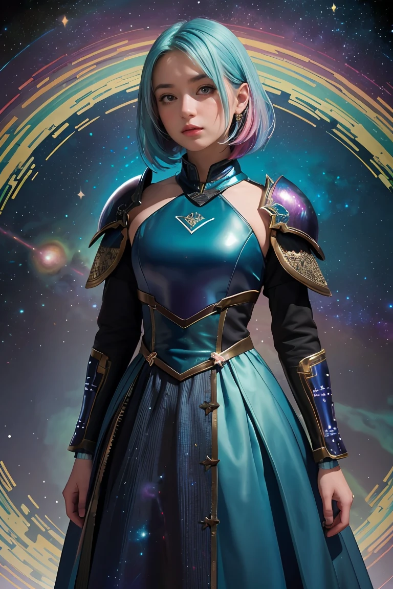 a girl with rainbow colored hair and detailed teal dress armor, standing, rainbow colored cosmic nebula background, stars, galaxies, intricate details, perfect face