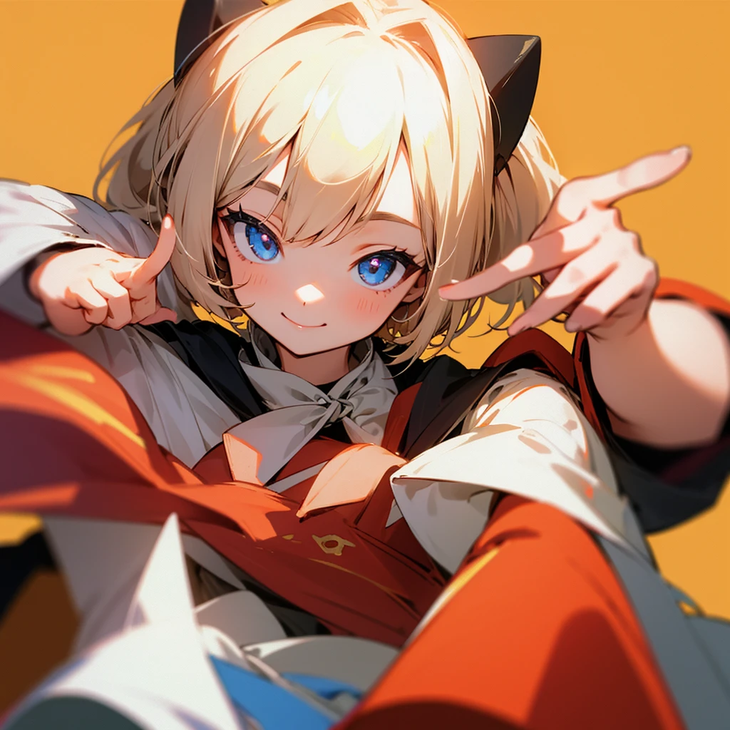 1girl、V sign next to head、Simple Background、smile、Focus on face and hands、The best composition、