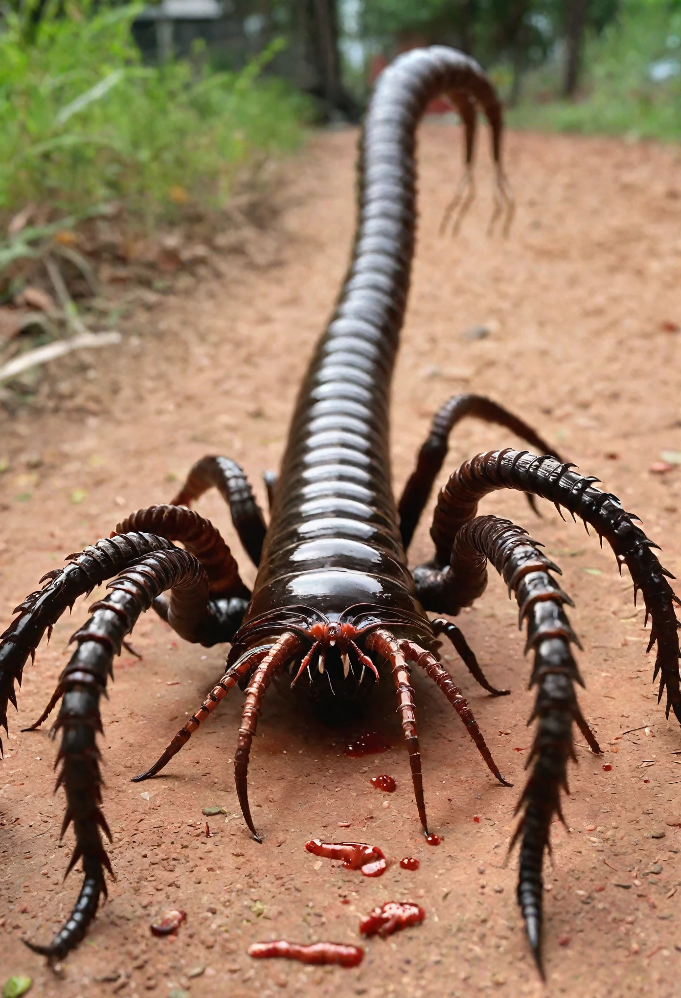 point-of-view, perspective, Giant horrific centipede with poisonous fangs attacks the camera,  Scolopendra, mosquito-tarantula cinematic, dramatic, sinister, monstruous,((( centered tiny humanoid figure confronting the monster in the middle by stretching the hang forward))), wide scene, centipede, dozens of legs on one long centipede body, one tail, giant insect, dripping poison,  (pair of symmetric blade-fangs, each located on side of the head behind the eyes:1.2), cinematic, reallifelike, evil, mantis head, hairy, titan , gigantic, glowing-eyes:1.4, (((bloody three-heads with maw on worm-neck))), thorns, pair of claws, (standing on two back-legs:1.2))