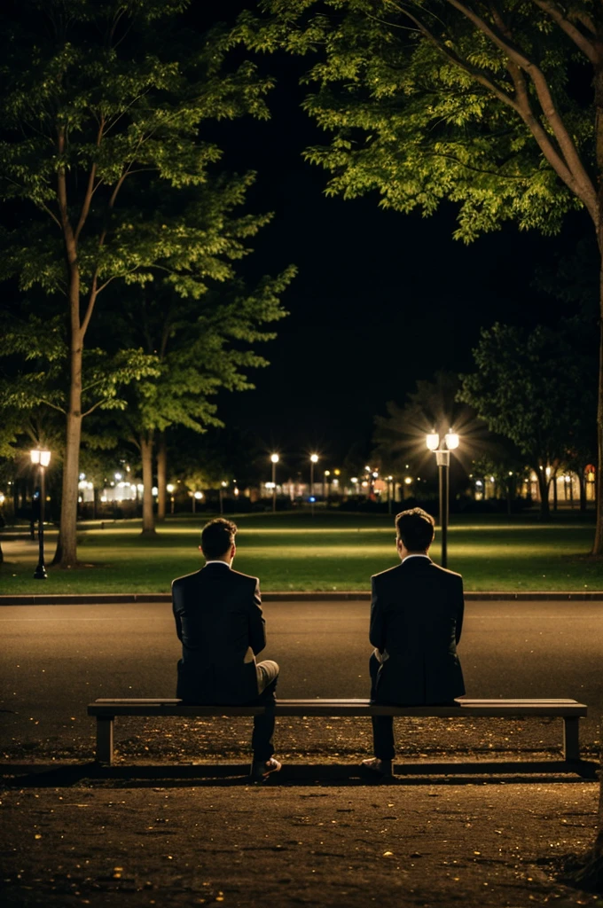 2 friends sitting in the park at night 