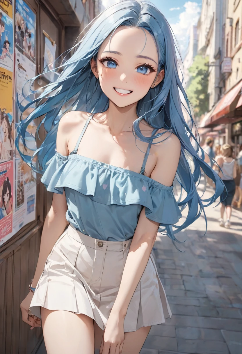 (Read the flyer style), (solo:2, 15 yo, forehead blue hair long hair lovely girl, cute blue eyes, ecstasy smile), (in a casual summer Off-the-shoulder tank top, skirt), break, in the city Bulletin Board, BREAK, perfect anatomy, masterpiece, best quality, 16k, beautiful detailed love, sexy, daydreaming expression.
