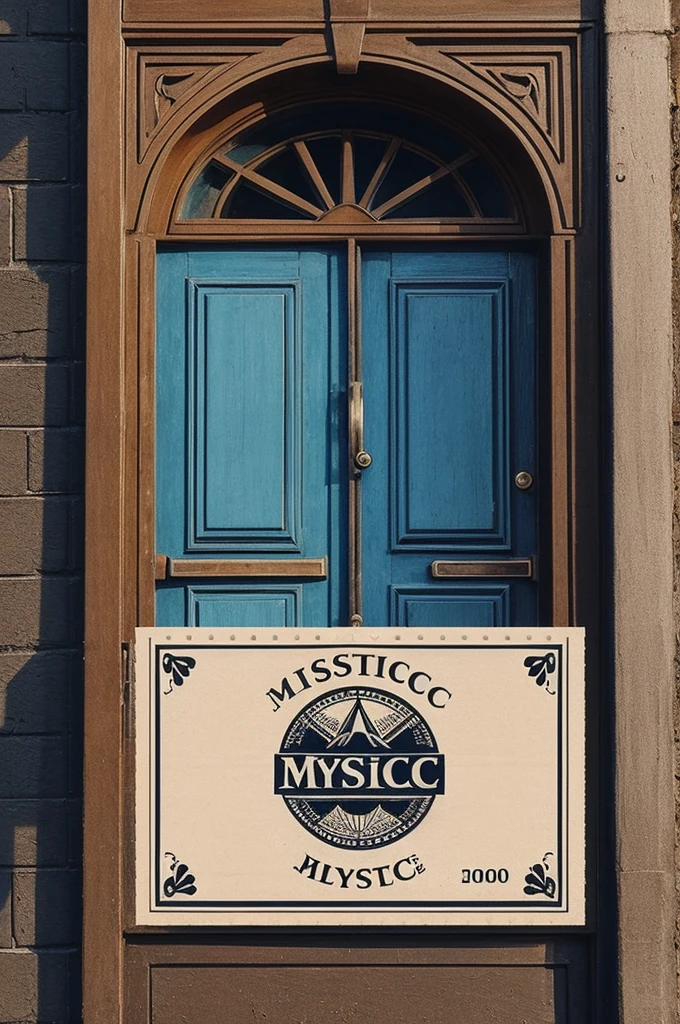 Create an old postage stamp logo with an image of a door for an urban clothing store called Mystic