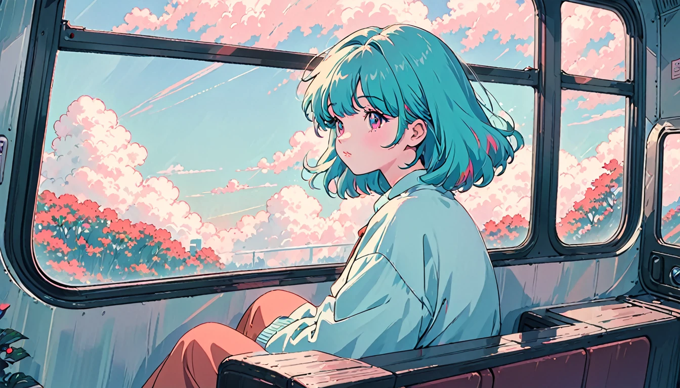 arafed image of a woman sitting on a train looking out the window, lofi girl, lofi artstyle, lofi girl aesthetic, lofi art, lofi vibes, lofi feel, lofi colors, lofi vibe, lofi aesthetic, lofi, lo fi, lo-fi art, 8 0 s anime vibe, anime vibes