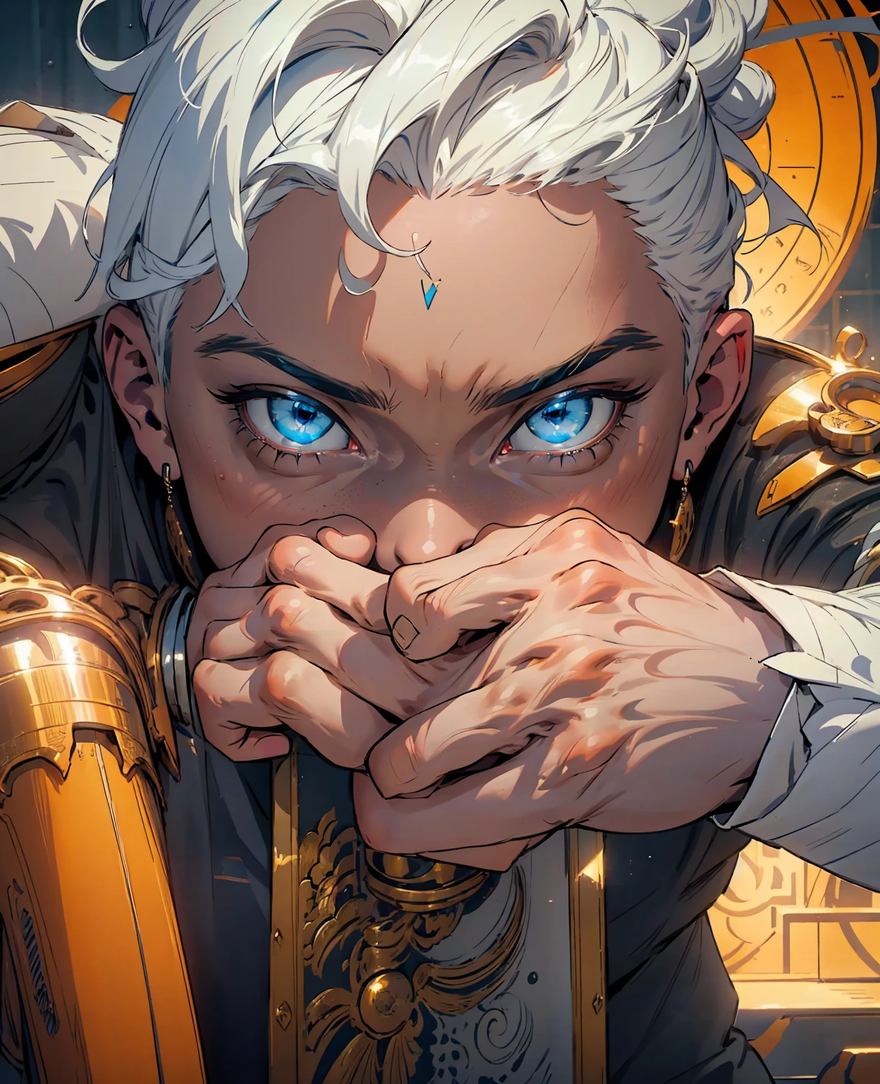 a man with white hair sitting on a throne, expressive and serious look, beautiful detailed blue eyes, photorealistic, cinematic lighting, intricate details, masterpiece, 8k, hyper detailed