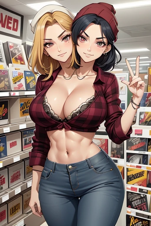 2heads, tall skinny woman with 2 heads. At a comic store. Short messy maroon hair. Wearing a beanie. Wearing unbuttoned open plaid flannel shirt, bra underneath. Wearing jeans. Mature, womanly. Thick thighs, wide hips. Wearing eyeliner, baggy tired eyes. Many tattoos and piercings. Smirking, happy. 