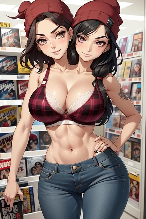 2heads, tall skinny woman with 2 heads. At a comic store. Short messy maroon hair. Wearing a beanie. Wearing unbuttoned open plaid flannel shirt, bra underneath. Wearing jeans. Mature, womanly. Thick thighs, wide hips. Wearing eyeliner, baggy tired eyes. Many tattoos and piercings. Smirking, happy.