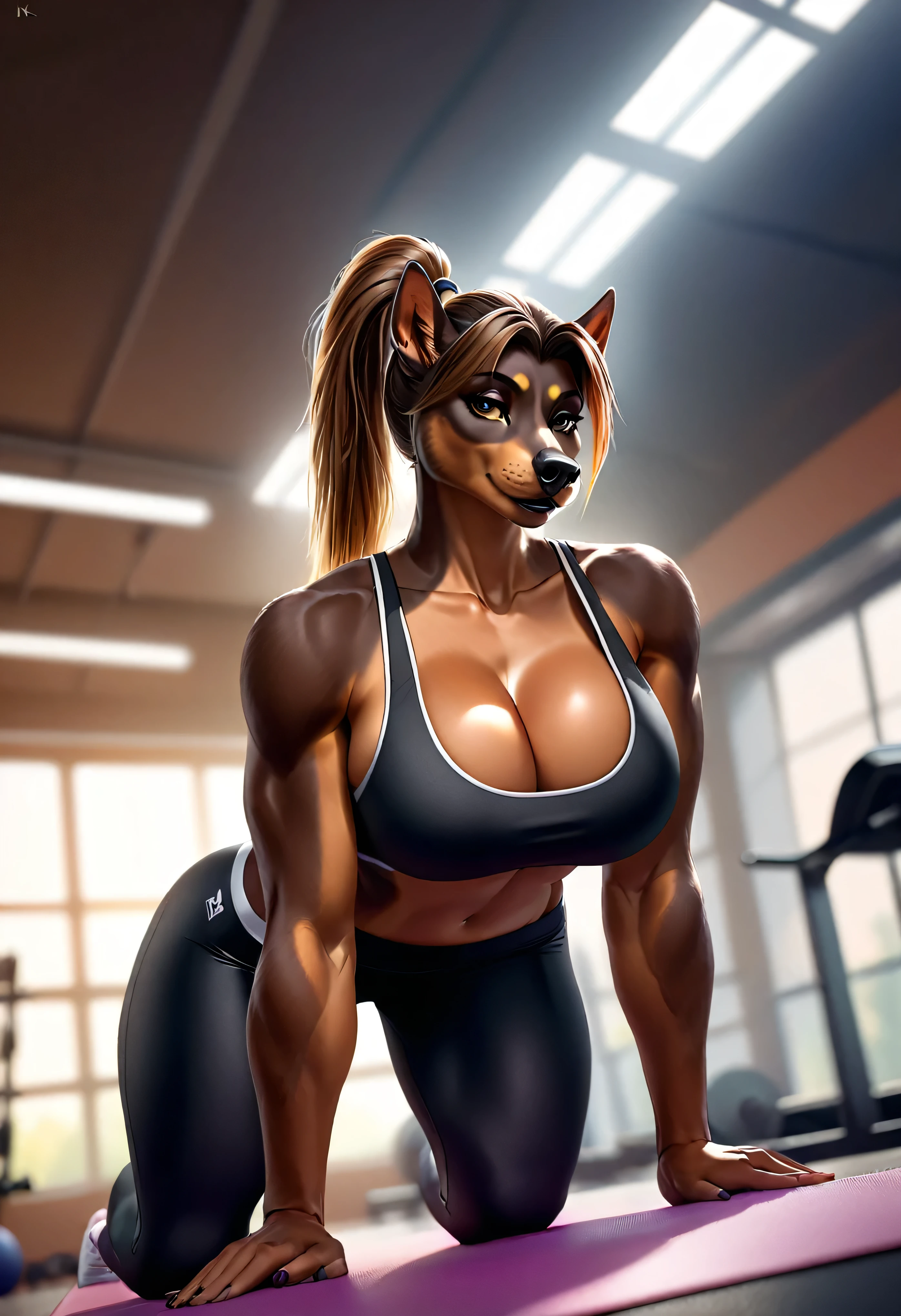 4k highly detailed realistic digital extremely high quality drawing, masterpiece, (by keeltheequine), (uploaded on e621), (a full-body portrait of an anthro female dobermann dog), ((on all fours in a gym, low angle POV)), ((wearing a sexy sports bra and tight yoga pants)), (beautiful and detailed eyes:1.1), (thick black lips), (ponytail hair), detailed dark fur, seductive, sexy, voluptuous, curvy body, hourglass figure, large breasts, muscles, cinematic lighting, (f1.8 short focus bokeh)