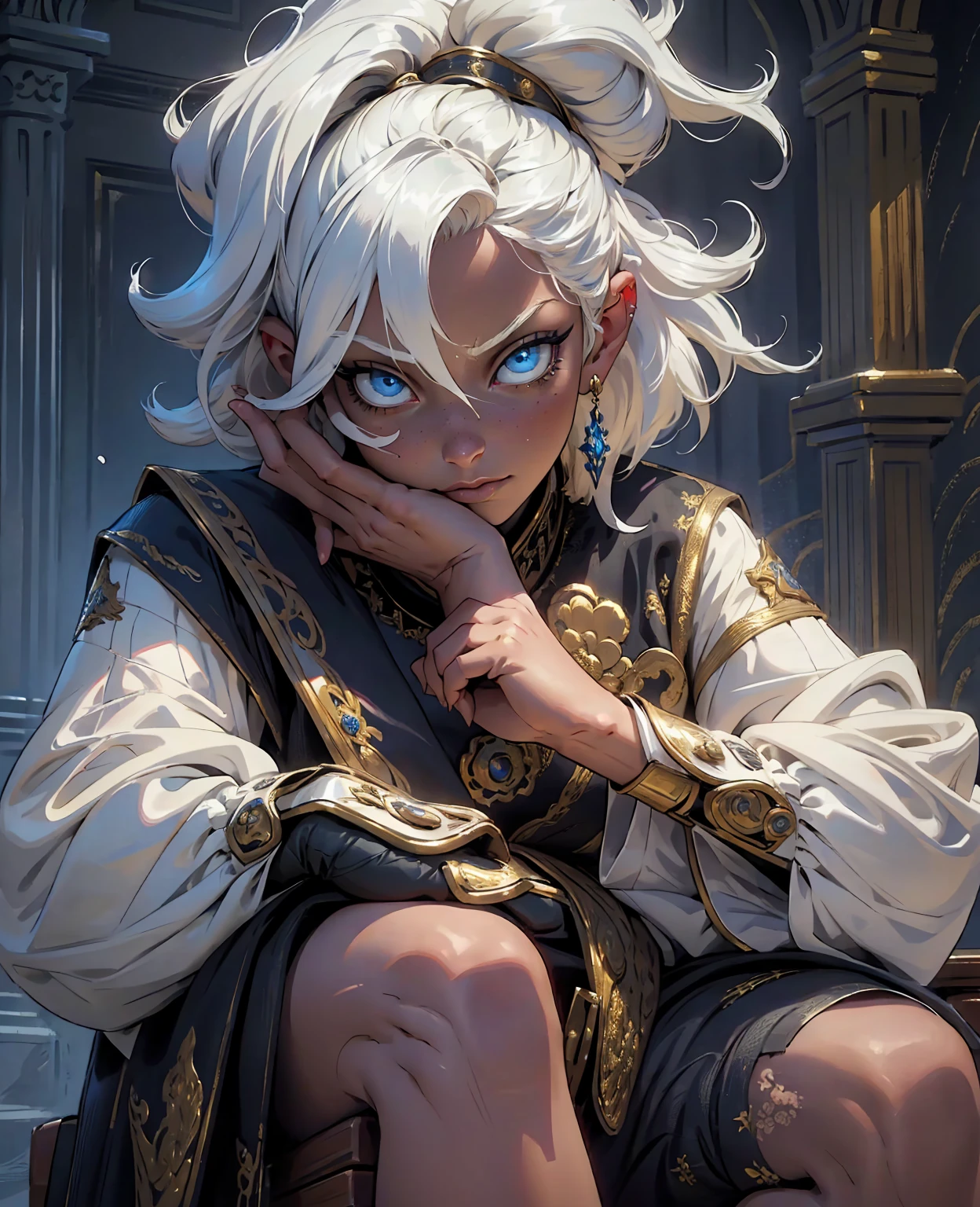 a man with white hair sitting on a throne, expressive and serious look, beautiful detailed blue eyes, photorealistic, cinematic lighting, intricate details, masterpiece, 8k, hyper detailed, 1man, regal, ornate throne, dramatic pose, chiaroscuro lighting, ornate royal attire, penetrating gaze, high contrast, hyperrealistic skin, detailed facial features, digital painting, concept art, dramatic shadows