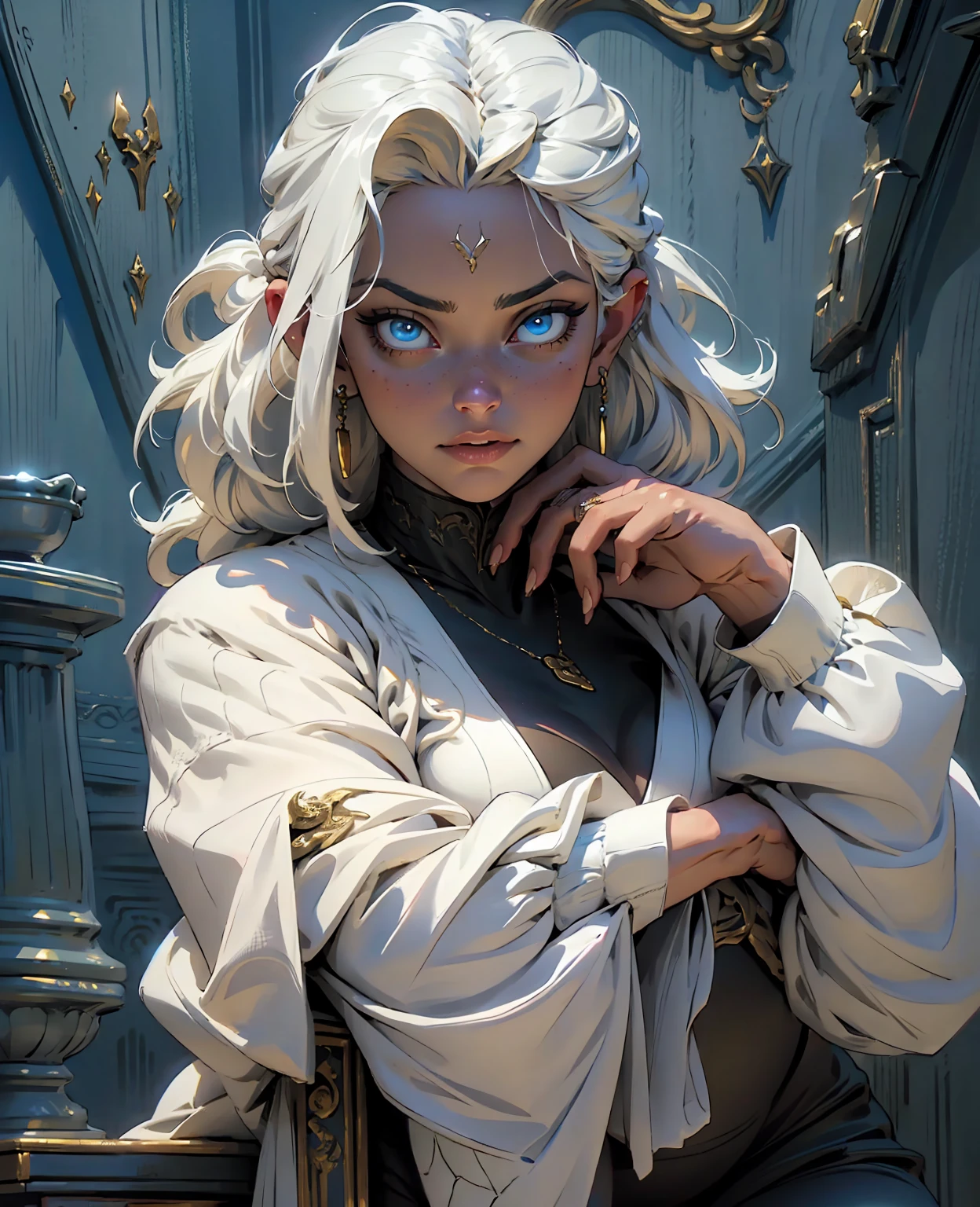 a man with white hair sitting on a throne, expressive and serious look, beautiful detailed blue eyes, photorealistic, cinematic lighting, intricate details, masterpiece, 8k, hyper detailed, 1man, regal, ornate throne, dramatic pose, chiaroscuro lighting, ornate royal attire, penetrating gaze, high contrast, hyperrealistic skin, detailed facial features, digital painting, concept art, dramatic shadows